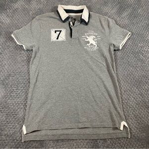 Express Polo Shirt Mens L Gray Fitted Short Sleeve Logo Lion #7 Y2K Preppy